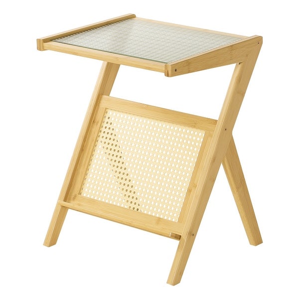 Bamboo Glass-top End Table with Rattan-like Magazine Rack