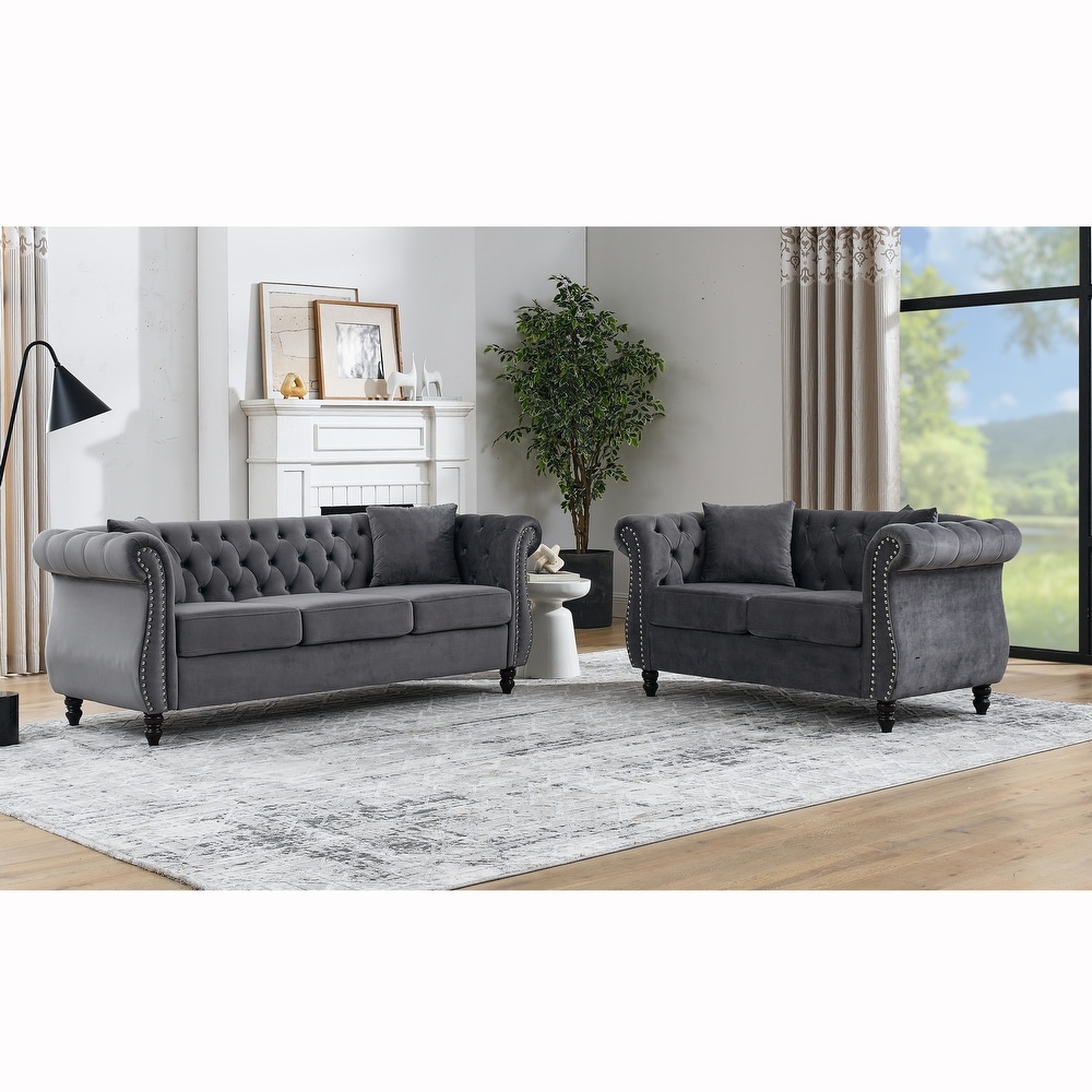 Velvet Chesterfield Sofa Set with Nailhead Trim and Tufted Low Back (Includes Pillows  3 Seater + Loveseat)