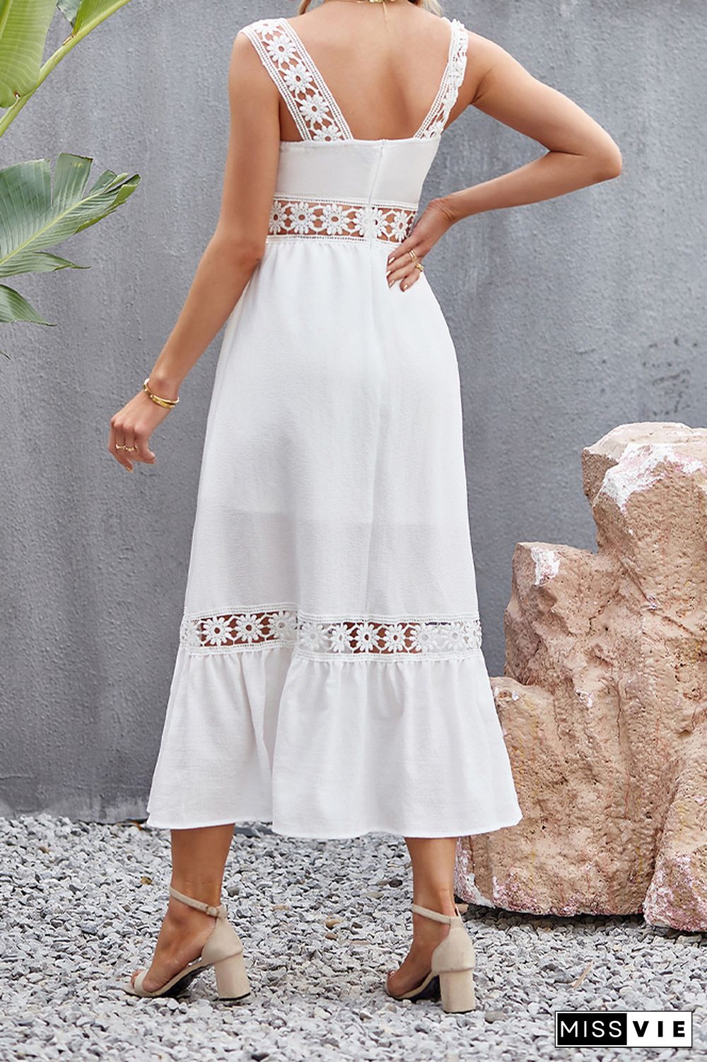 Lace Strap Square Neck Hollow Out Waist Maxi Dress