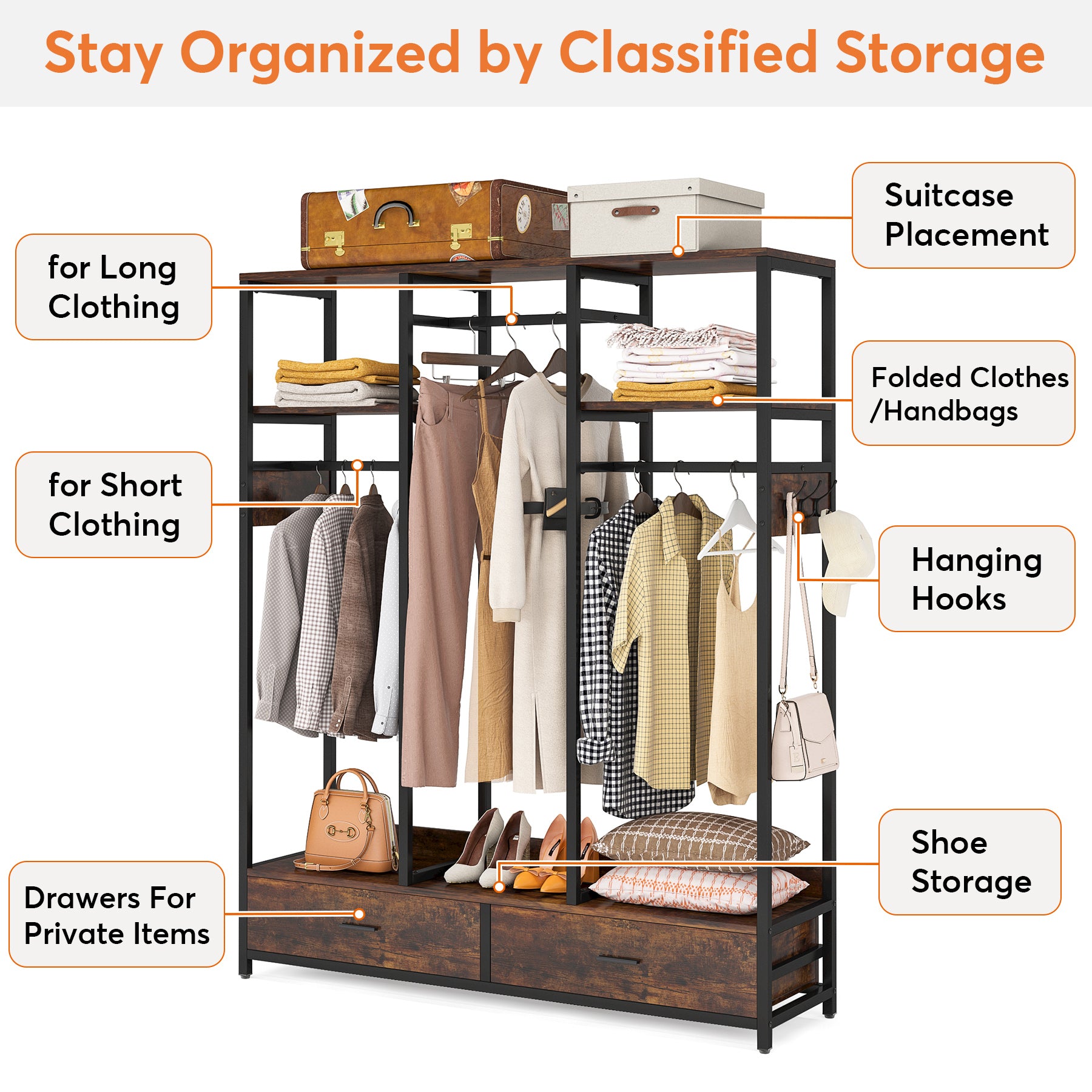 Freestanding Closet Organizer, Garment Rack with 2 Drawers & Shelves