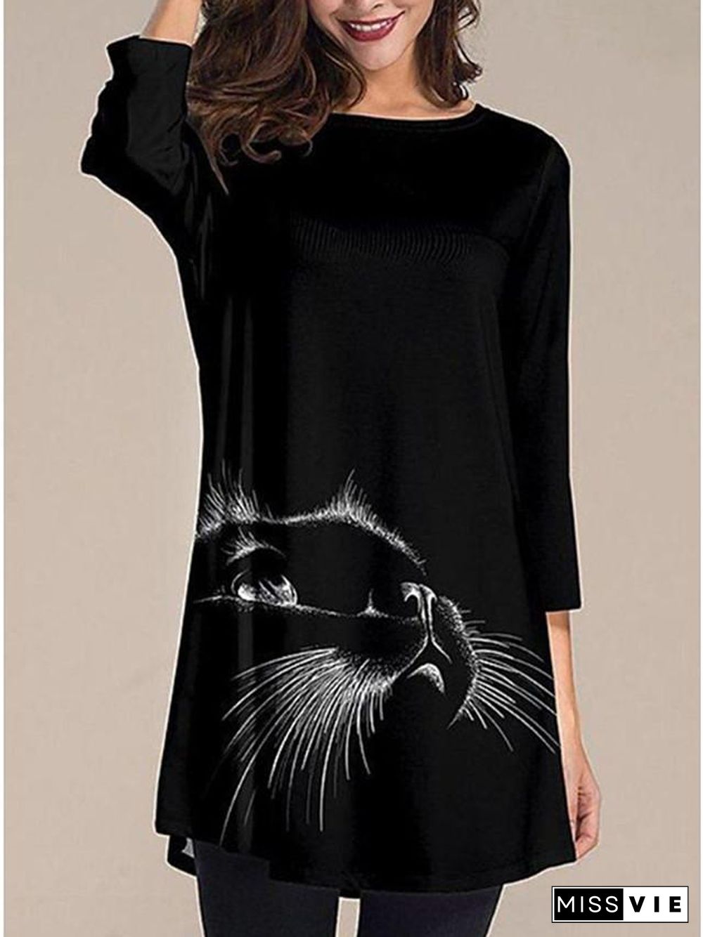 Women's T Shirt Dress Tee Dress Knee Length Dress - Short Sleeve Animal Summer Fall Casual Linen Black M L XL XXL 3XL 4XL Black Dresses