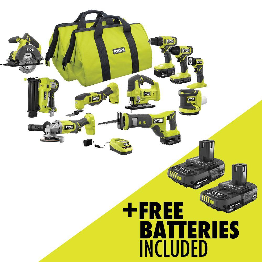 RYOBI ONE+ 18V Cordless 10-Tool Combo Kit with 1.5 Ah Battery (2) 4.0 Ah Batteries Charger and FREE 2.0 Ah Battery (2-Pack) PCL2001K3N-PBP2006