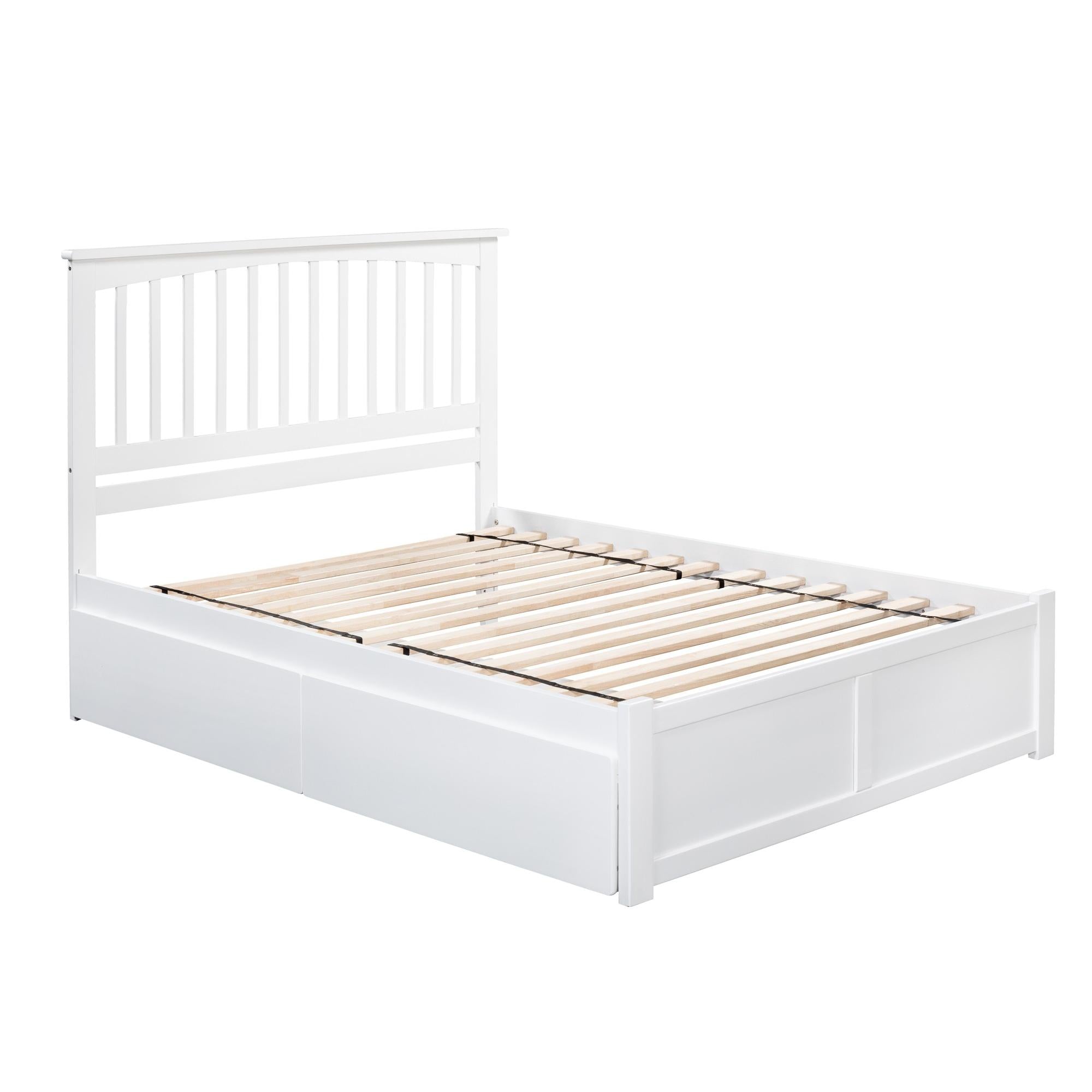 Mission Platform Bed with Flat Panel Foot Board and 2 Urban Bed Drawers, White, Full