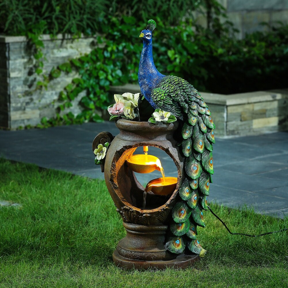 Resin Peacock and Urn Statue Outdoor Fountain with LED Lights