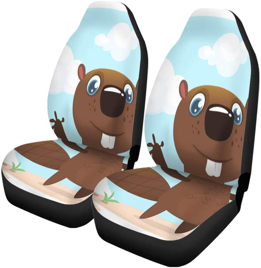 KXMDXA Set of 2 Car Seat Covers Cute Funny Cartoon Beaver Waving His Hands Fluffy Character Universal Auto Front Seats Protector Fits for Car，SUV Sedan，Truck