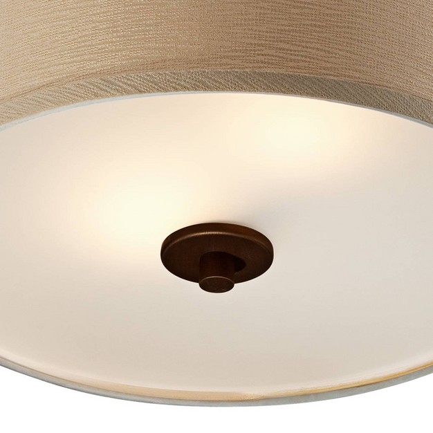 Wide Brushed Bronze 2 light Oatmeal Linen Drum For Bedroom Living Room