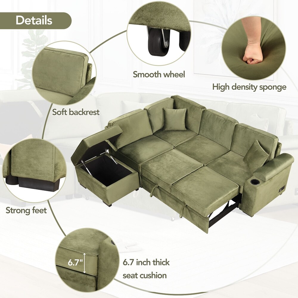 L shape Sofa Sets Velvet Sectionals with Pull out Sofa Bed and Stroage Ottomans  Convertible Sleeper Loveseat w/ Cupholder