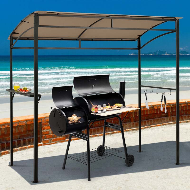 7 x 4.5 FT Outdoor Patio Grill Gazebo, Curved Grill Shelter BBQ Canopy with Serving Shelf & Storage Hooks