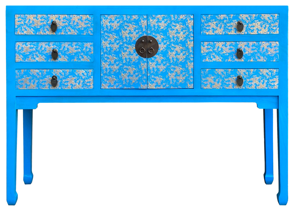 Bright Blue Lacquer Golden Flower Graphic Drawers Slim Foyer Side Table Hcs7153   Asian   Console Tables   by Golden Lotus Antiques  Houzz