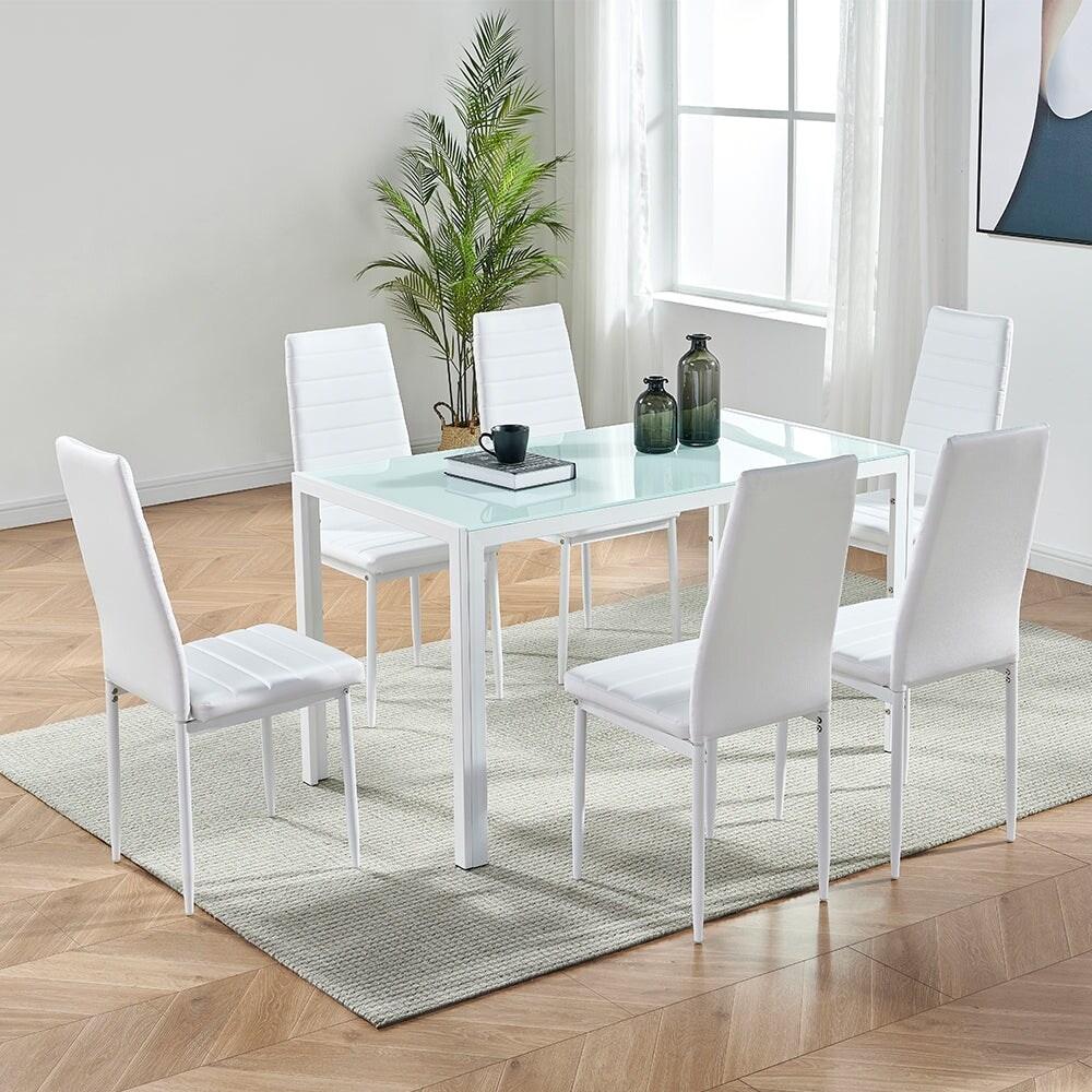 7 Piece Modern Glass Dining Set for 6 with Faux Leather Chairs