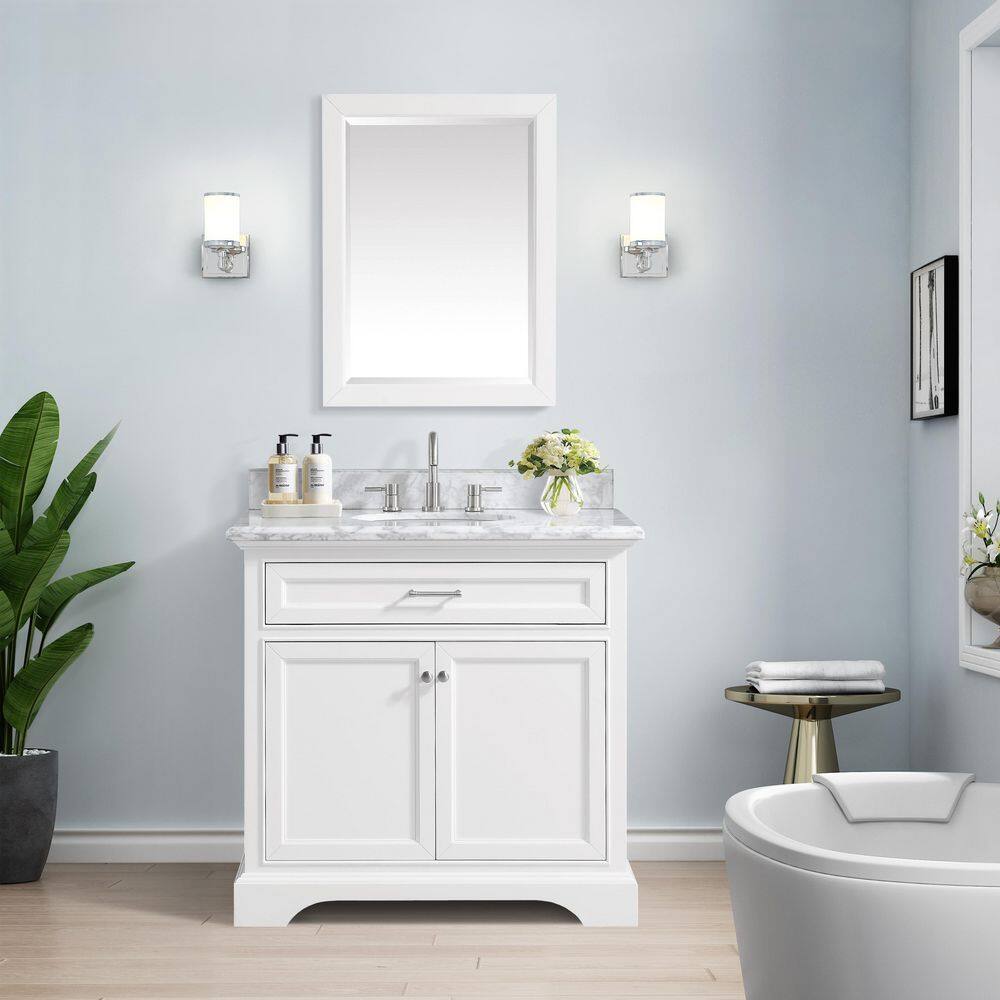 Home Decorators Collection Windlowe 37 in. W x 22 in. D x 35 in. H Bath Vanity in White with Carrera Marble Vanity Top in White with White Sink 15101-VS37C-WT