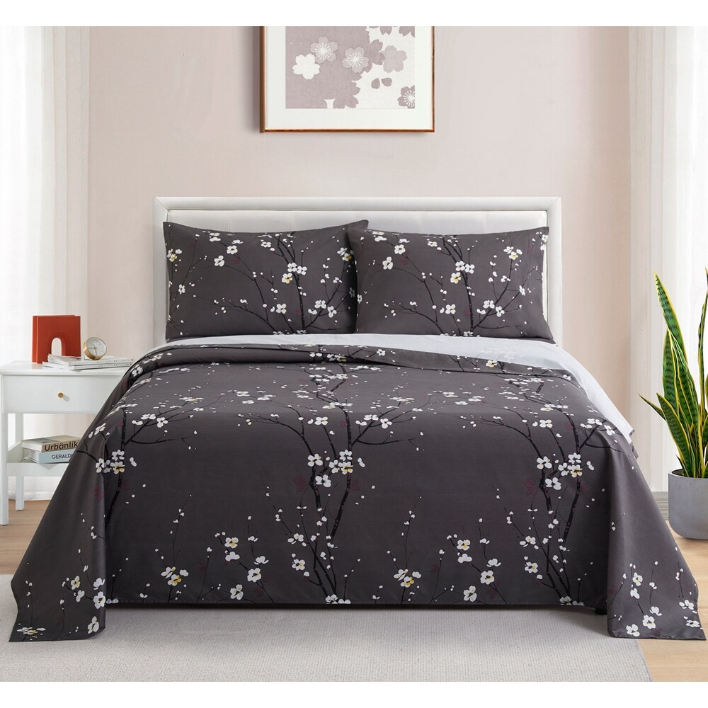 Marina Decoration Printed 600 Thread Count Soft Deep Pocket Cotton Blend Percale Bedding Sheet Set  Grey Plum Blossom Floral