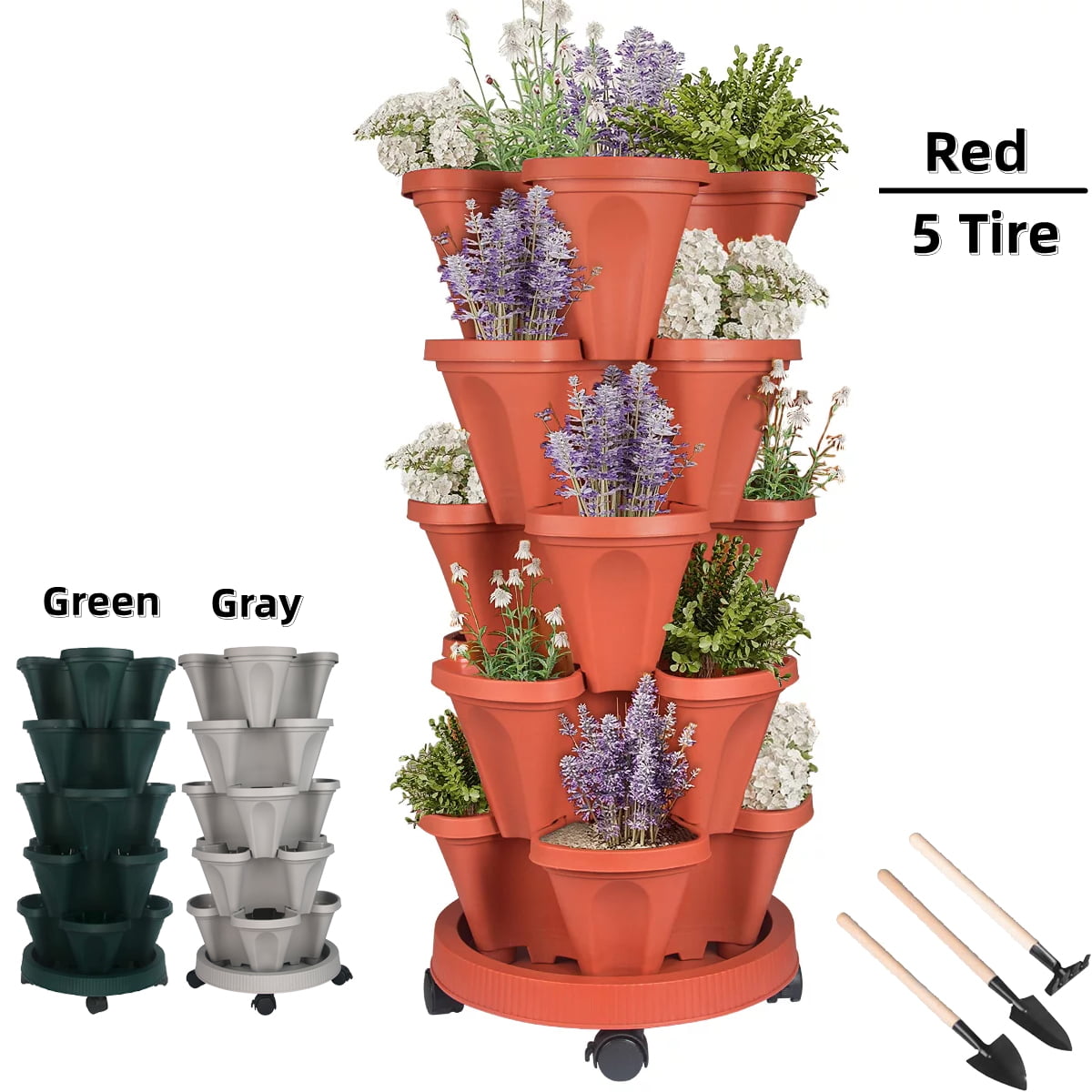 Stackable Planter, 5 Tier Vertical Garden Planter with Movable Wheels and Planters Tools, Tower Garden Planters for Vegetables, Flowers, Herbs, Strawberries Planting, Indoor Outdoor Gardening Pots