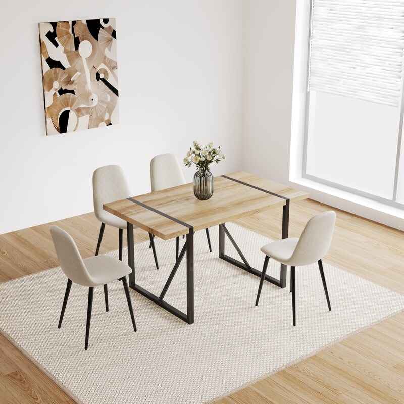 Mid Century Modern 5 Piece Dining Table Set Solid Wood Table with 4 Upholstered Chairs