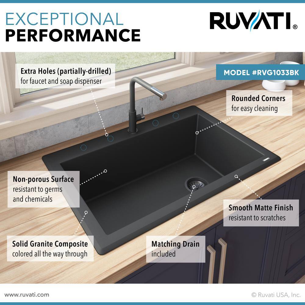 Ruvati Midnight Black Granite Composite 33 in. x 22 in. Single Bowl Drop-In Topmount Kitchen Sink RVG1033BK