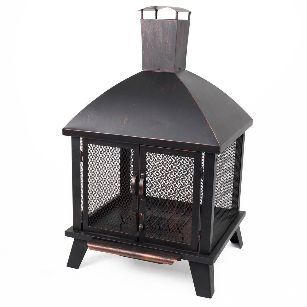 Pleasant Hearth Stratford 22 in. x 43 in. Rectangle Steel Wood Firehouse in Rubbed Bronze with Wood Grate OFW577HC