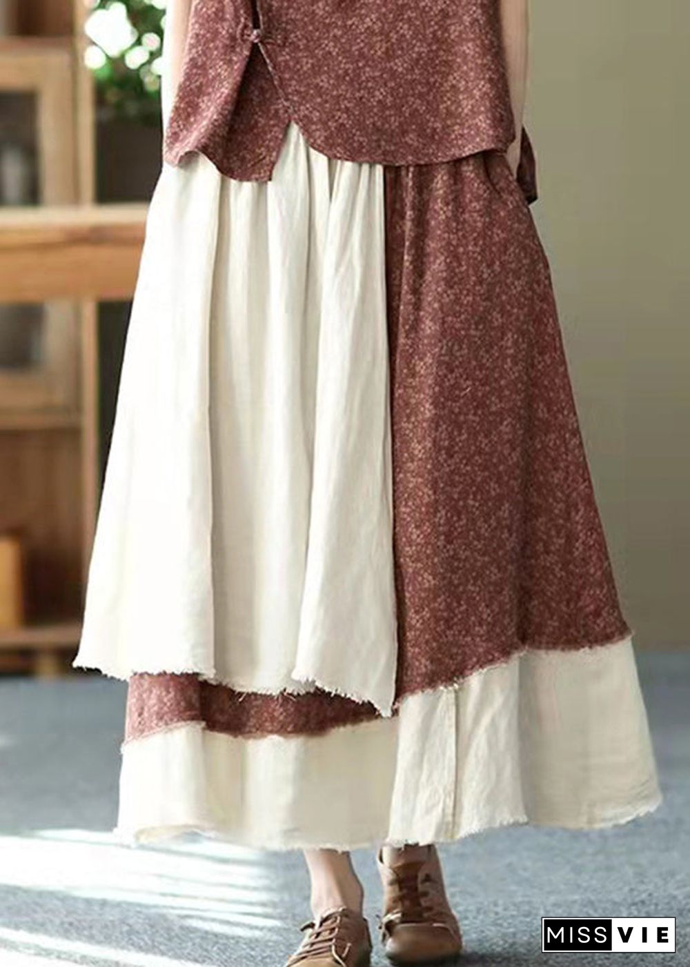 Vintage asymmetrical design elastic waist layered design Pockets Linen Skirt Summer