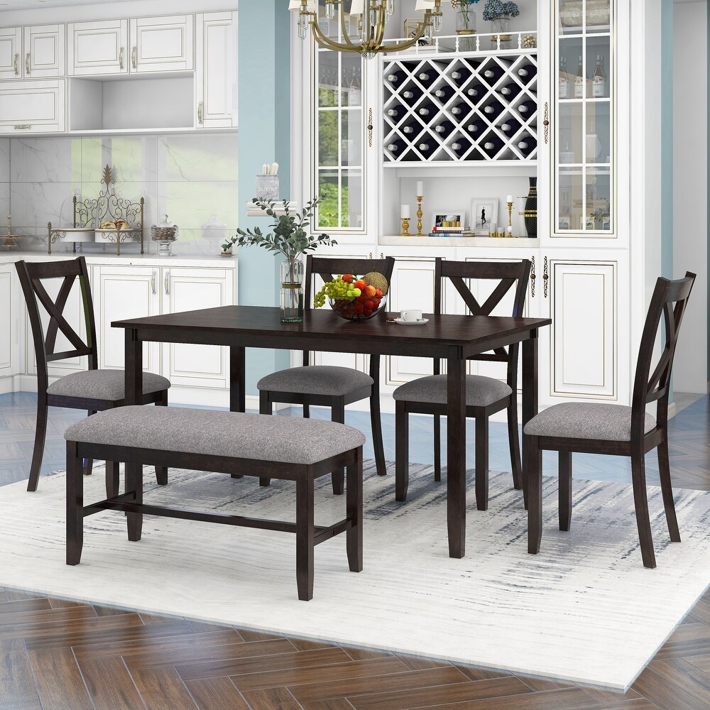 6 Piece Kitchen Dining Table Set Wooden Rectangular Dining Table