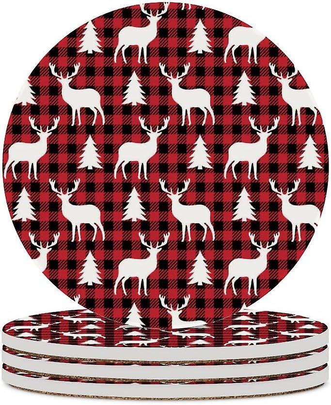 2pcs Round Christmas Deer Tree At Buffalo Plaid Ceramic Coasters With Cork-backed For Coffee Drink Cup Mat Absorbent Stone Coasters