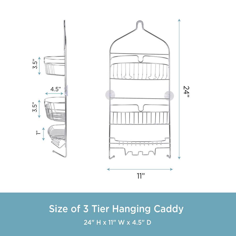 Kenney Rust-Resistant Heavy Duty 3-Tier Large Hanging Shower Caddy with Suction Cups and Four Razor Holders in Chrome KN614151