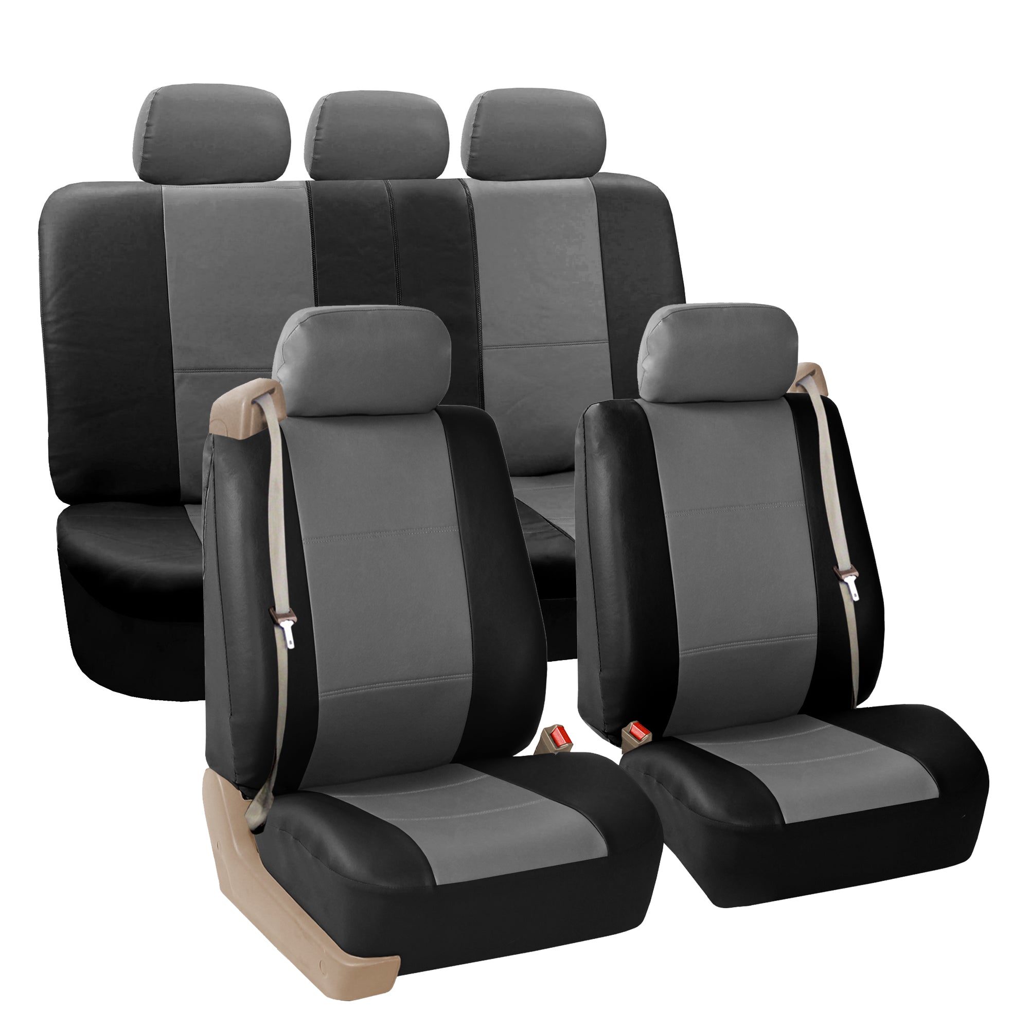 FH Group PU Leather Integrated Seatbelt Seat Covers， Full Set with Gray Carpet Floor Mats， Black Gray