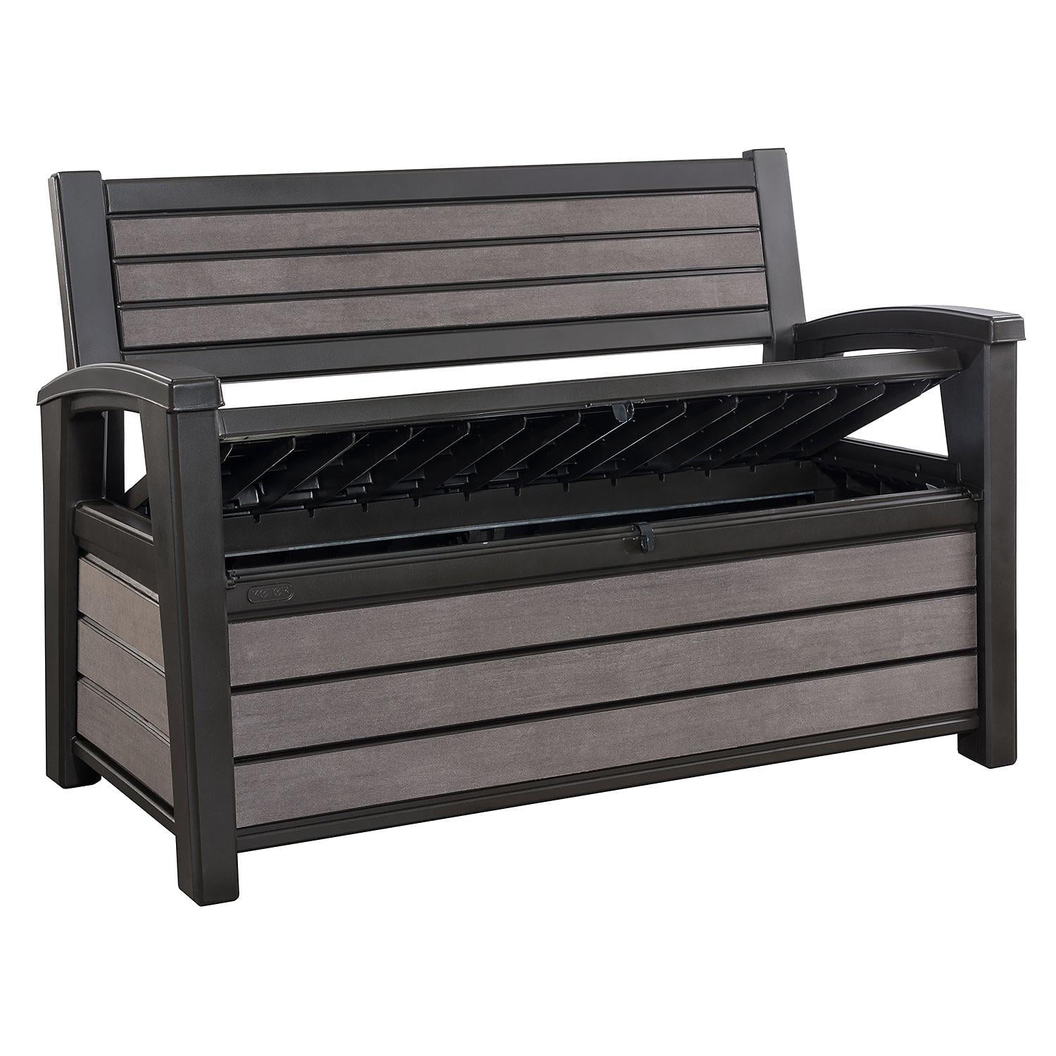 Keter Hudson Outdoor Backyard Patio Storage Bench 60 Gallon Plastic Deck Box, Brown