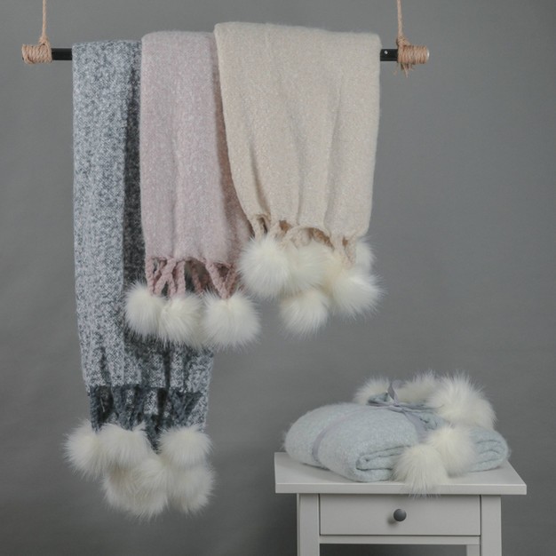 Faux Mohair Pom Poms Decorative Throw Freshmint