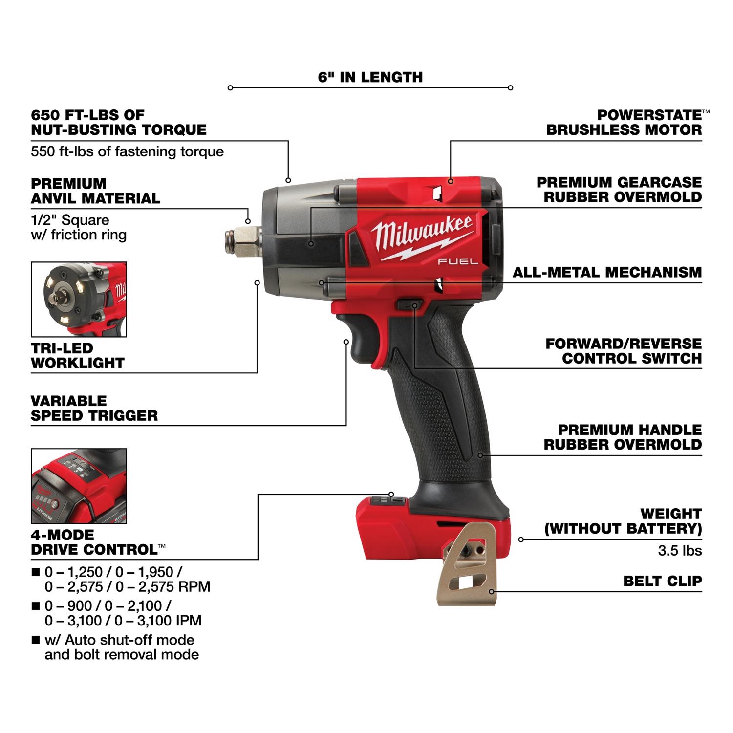 MW M18 FUEL 18 V 1/2 in. Cordless Brushless Impact Wrench Tool Only