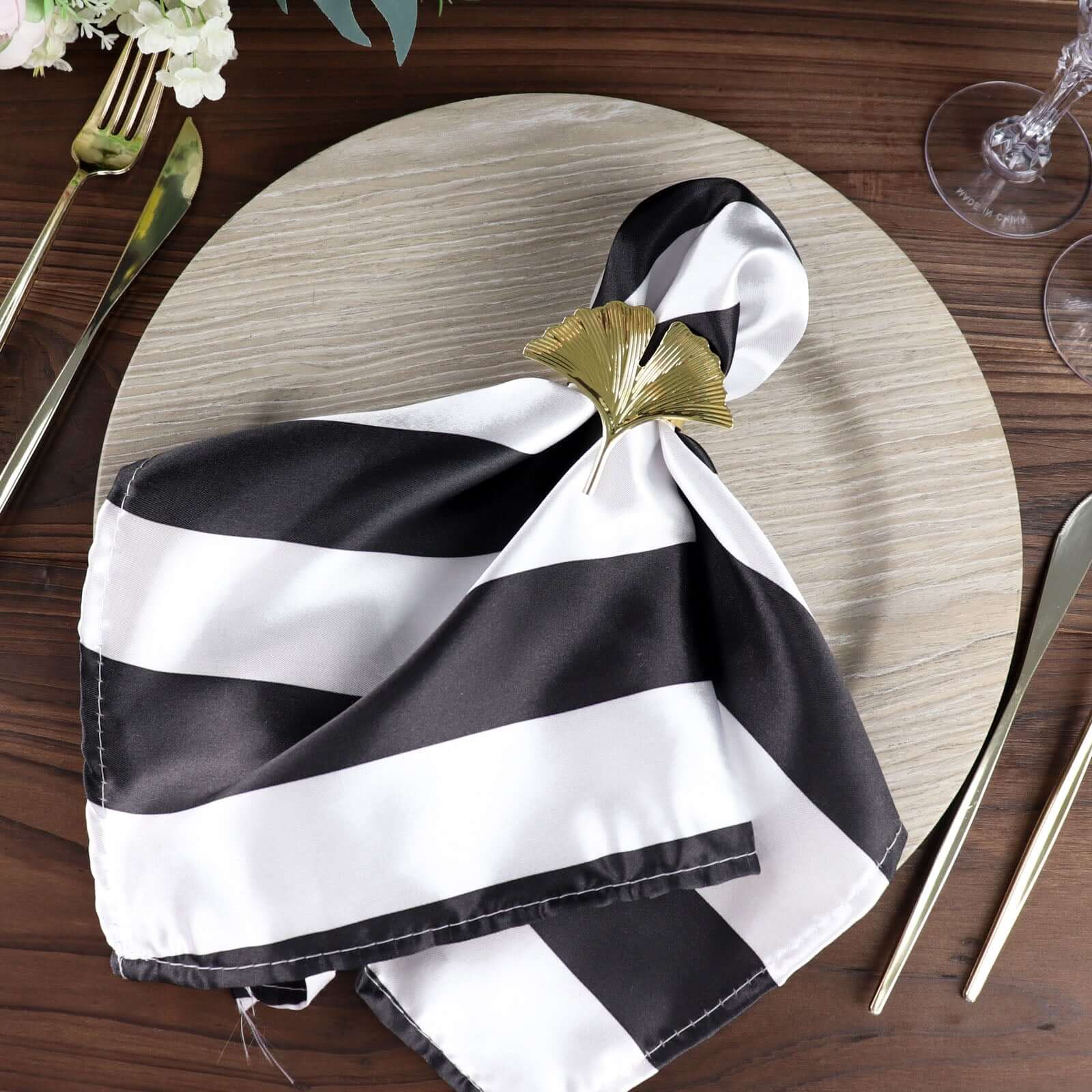 5 Pack Black and White Striped Satin Cloth Dinner Napkins 20