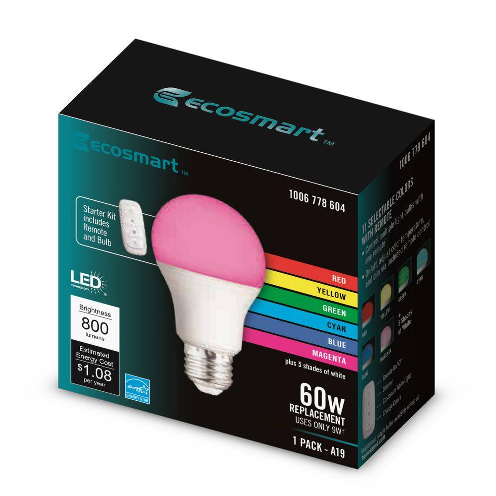 EcoSmart 60-Watt Equivalent A19 CEC Color Changing LED Party Light Bulb Starter Kit with Remote (1-Pack) 11A19060WRGBW01