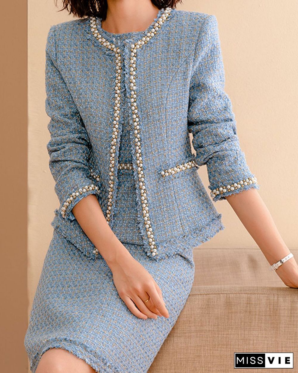 Blue tweed jacket and dress two-piece set