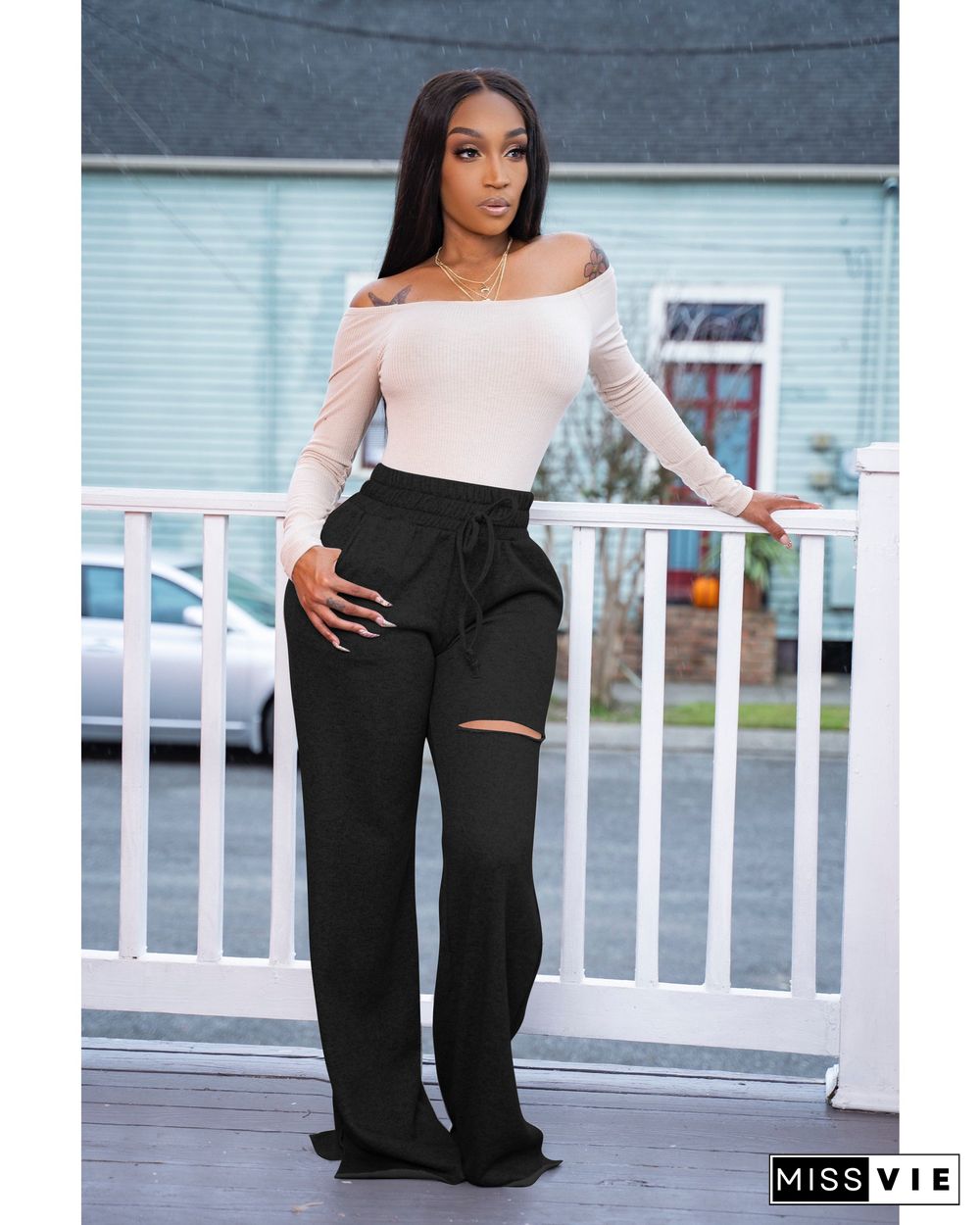 High Waist Straight Hole Wide Leg Pants