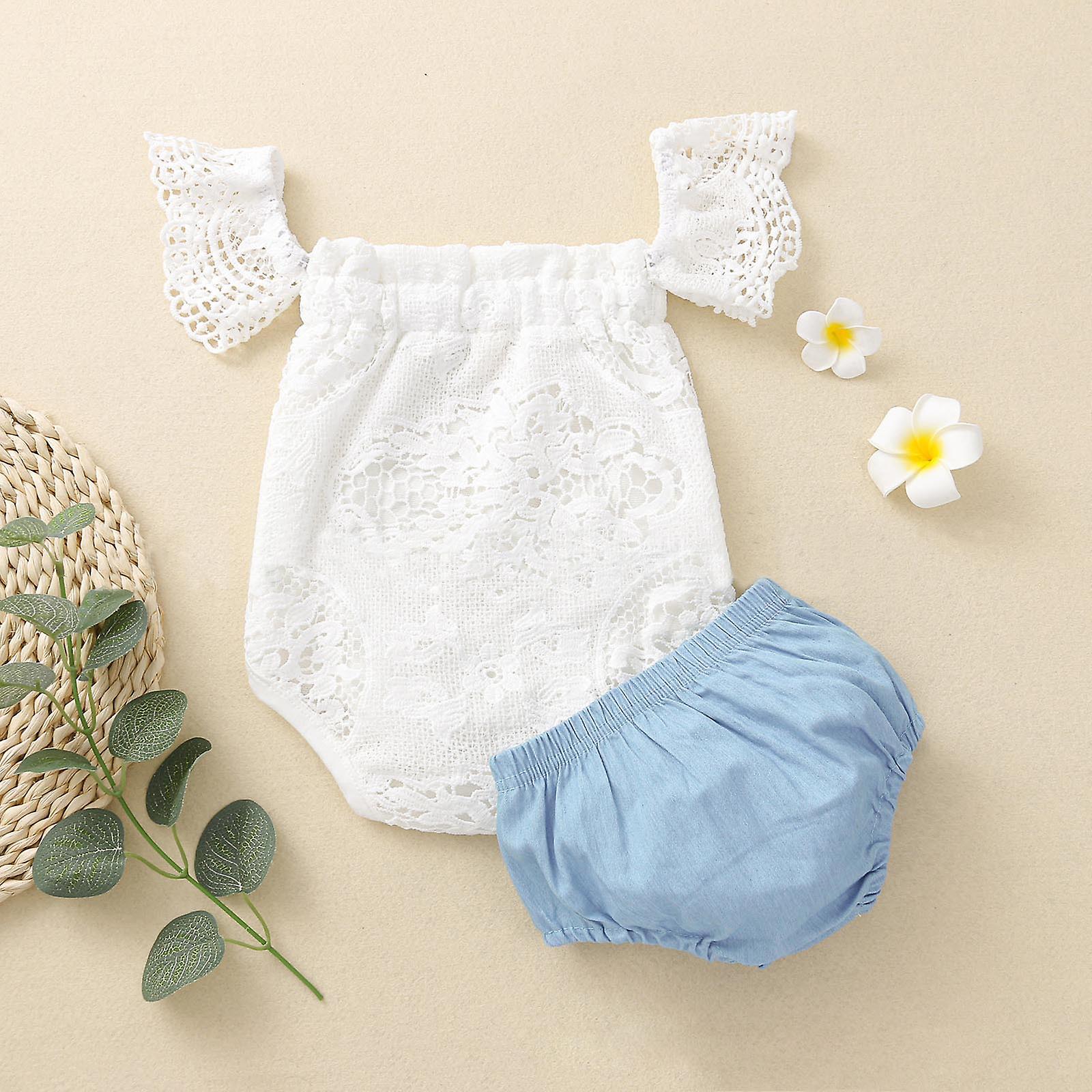 2pcs Summer Fashion Baby Girls Clothes Lace Off Shoulder Romper Denim Pants Sets