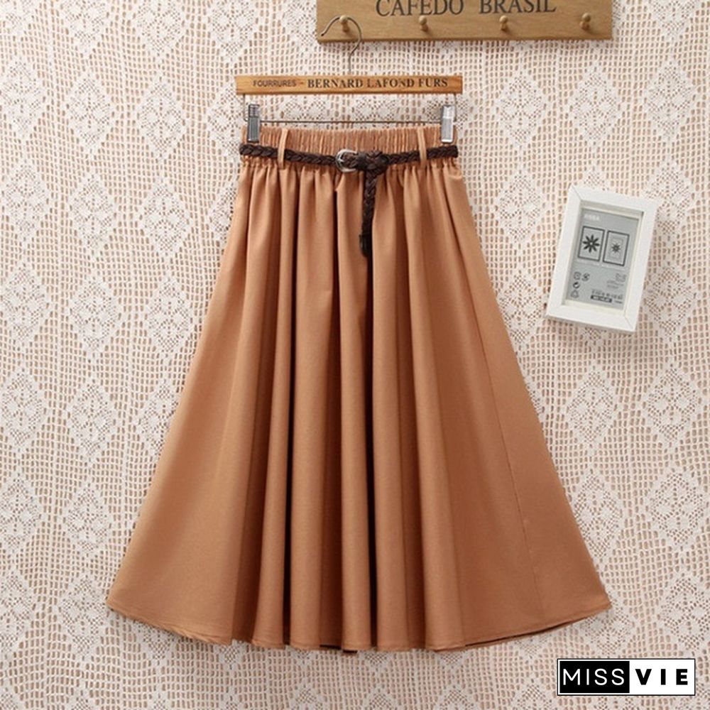 Midi Knee Length Summer Skirt Women With Belt Ladies High Waist Pleated A-Line School Skirt Female