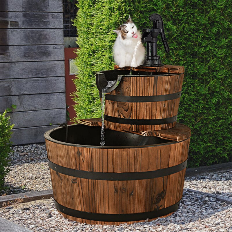 2-Tier Outdoor Barrel Waterfall Fountain with Hand Pump for Garden Backyard