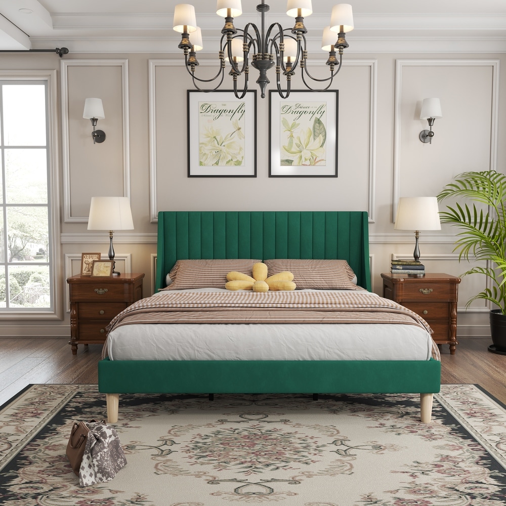 Clutter Free King Platform Bed Frame Wingback Upholstered Bed   Green