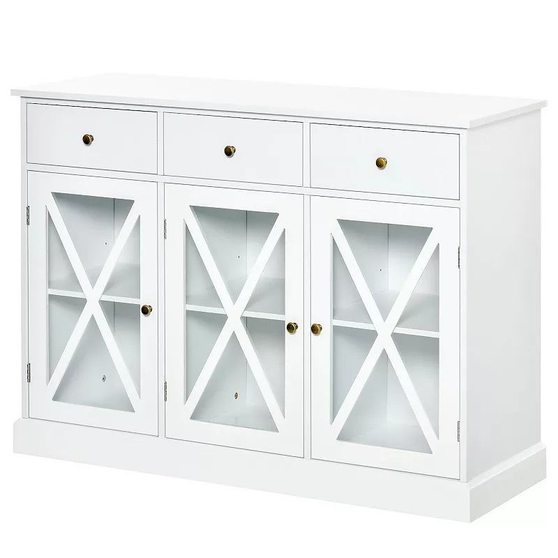 HOMCOM 45 Farmhouse Style Kitchen Sideboard Serving Buffet Storage Cabinet Cupboard with Glass Doors and 3 Drawers White