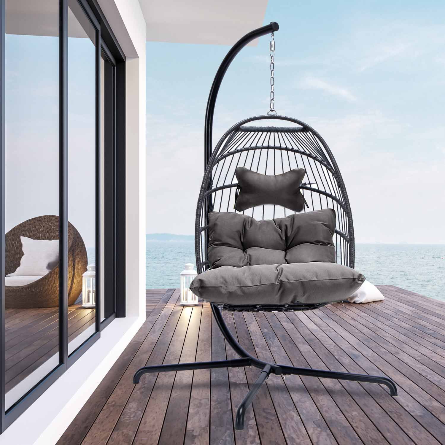 Nicesoul Swing Egg Chair Wicker Hanging Chair With Stand Color Dark Grey Maximum Weight 350lbs