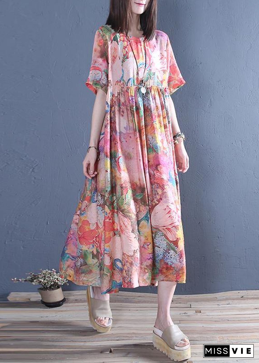 Style o neck Cinched cotton tunic dress Fashion pink print Maxi Dress