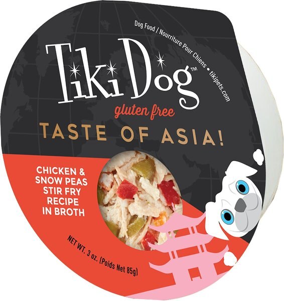 Tiki Dog Taste of Asia Chicken and Snow Peas Stir Fry Recipe in Broth Gluten-Free Wet Dog Food， 3-oz cup， case of 4