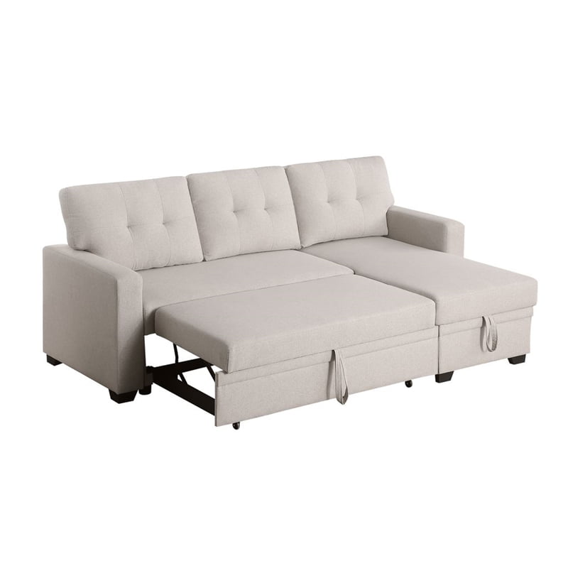 Pemberly Row Polyester Fabric Reversible Sleeper Sectional Sofa in Beige