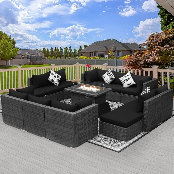 Nicesoul Outdoor Grey Wicker Sectional Furniture Patio Sofa Set with Firepit Table