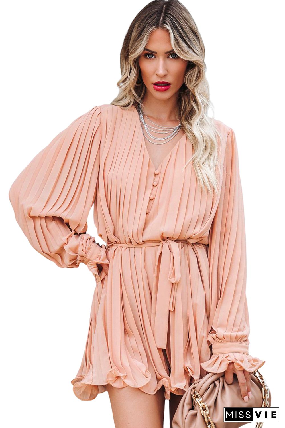 Pink Pleated Ruffled Tie Waist Buttons V Neck Romper