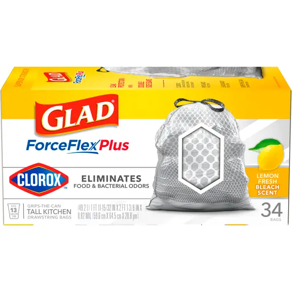 Glad 34-Count 13 Gal Tall ForceFlex Plus With Clorox Kitchen Drawstring Trash Bags