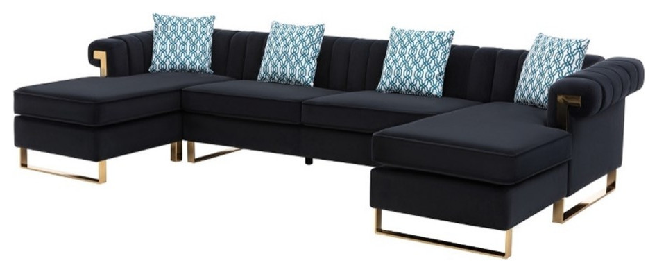 Maddie Black Velvet 5 Seater Double Chaise Sectional Sofa Throw Pillows   Contemporary   Sectional Sofas   by Homesquare  Houzz