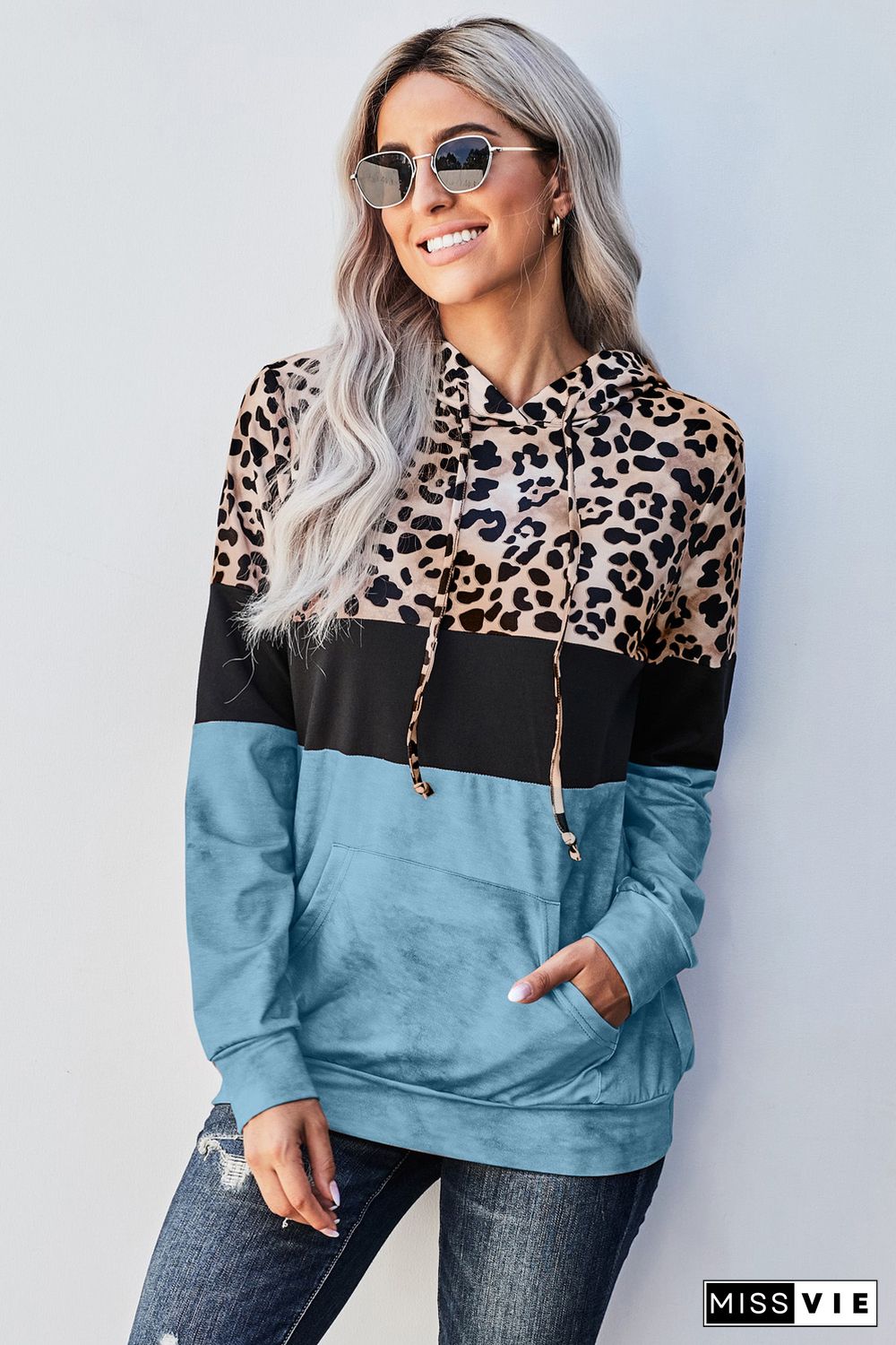 Blue Leopard Tie Dye Colorblock Hoodie