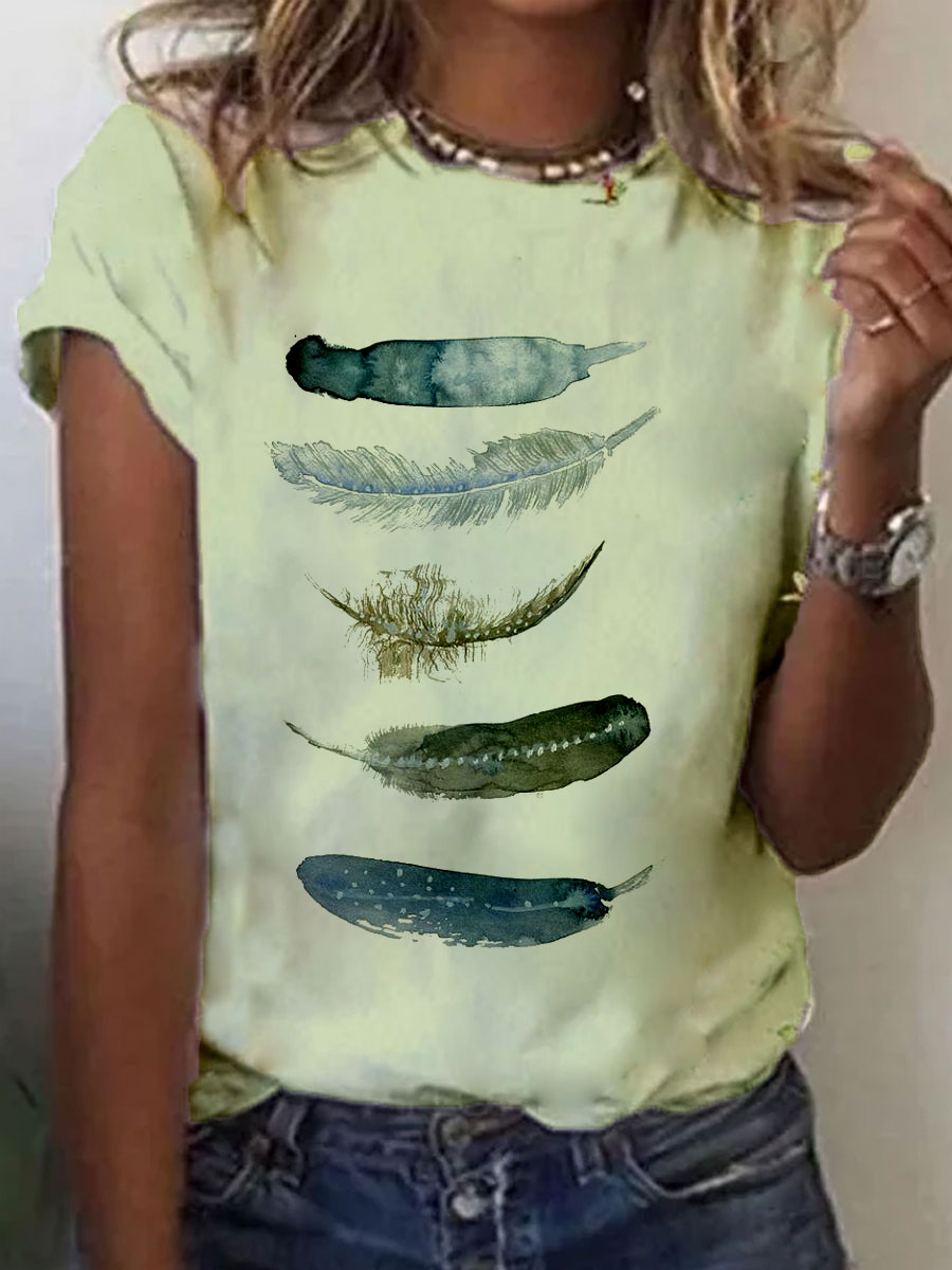 Fashion Feather Print Round Neck Short Sleeve Casual T-shirt