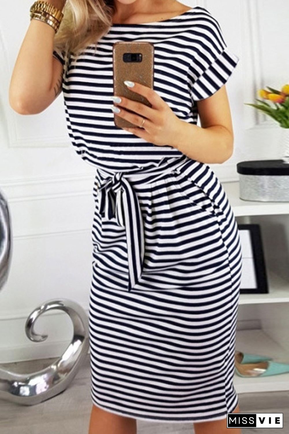 Casual Striped Split Joint O Neck Waist Skirt Dresses(5 Colors)