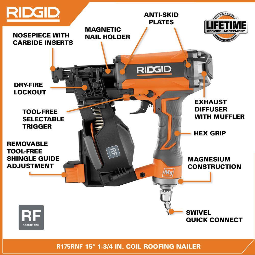 RIDGID Pneumatic 15 Deg. 1-34 in. Coil Roofing Nailer R175RNF