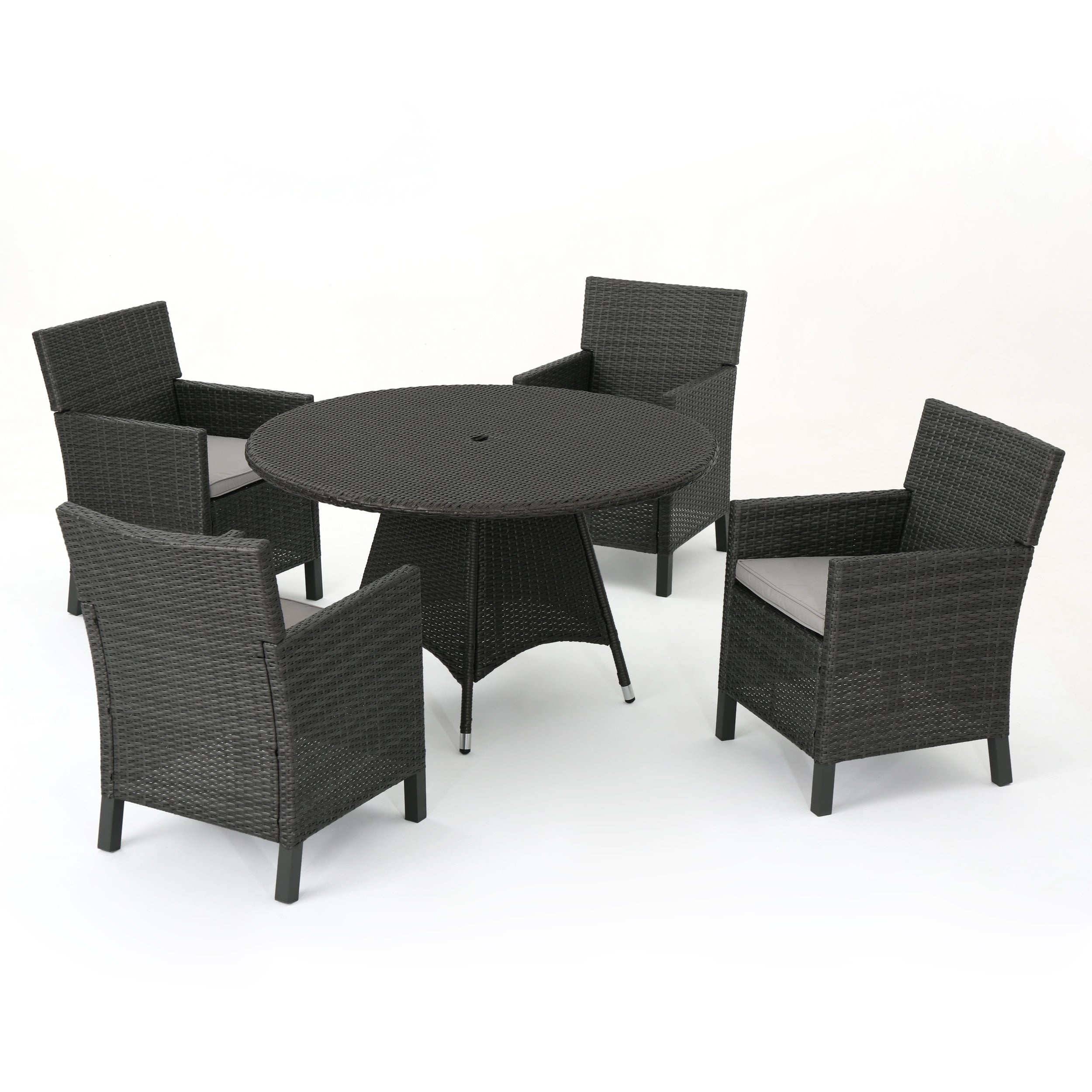 Cyril Outdoor 5 Piece Wicker Round Dining Set with Water Resistant Cushions